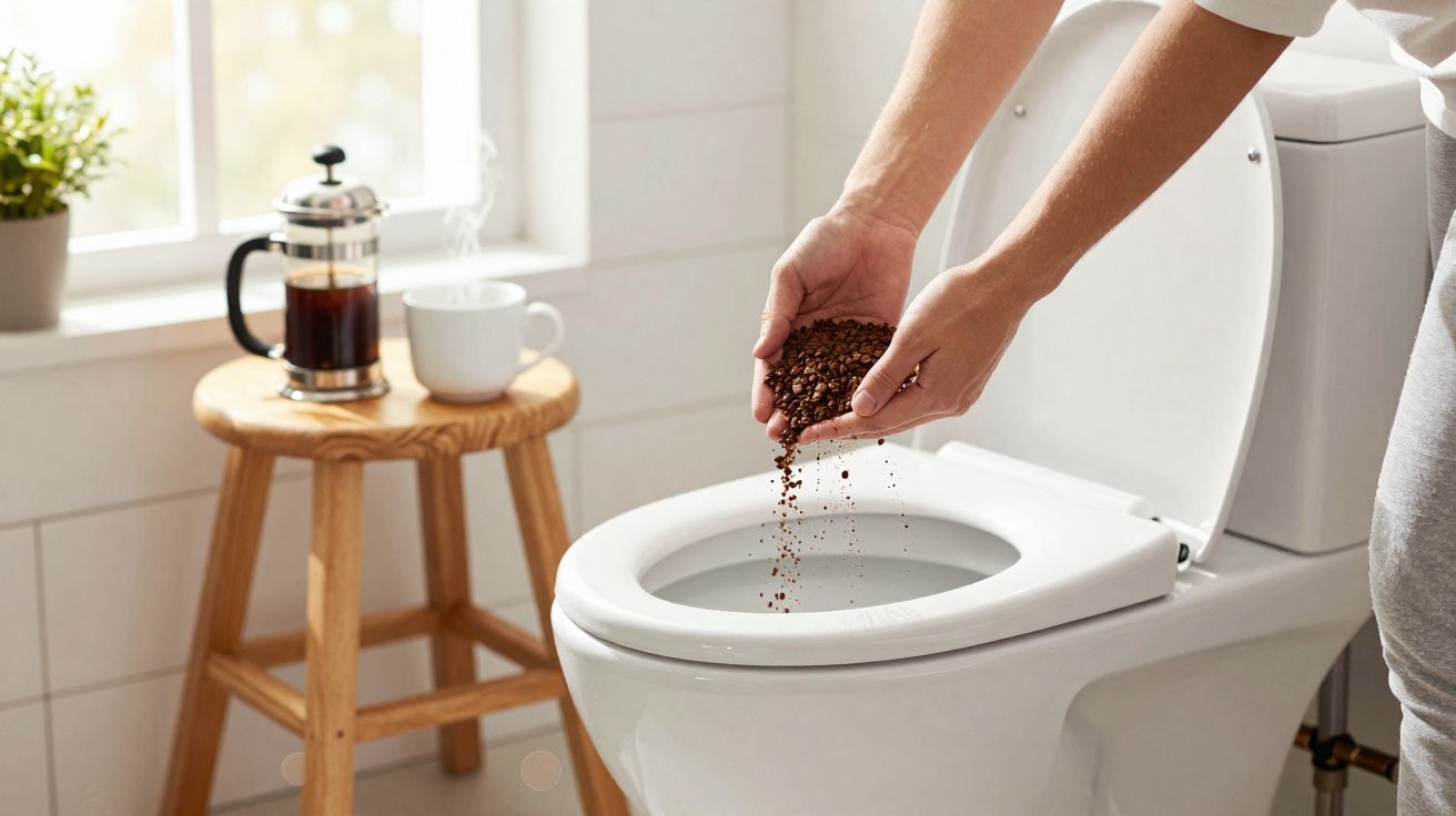 Mãos a deitar grãos de café numa sanita branca num ambiente de casa de banho luminosa.