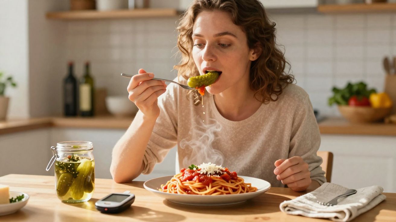 Mulher sentada a comer esparguete com molho de tomate e a provar um pepino em salmoura na cozinha.