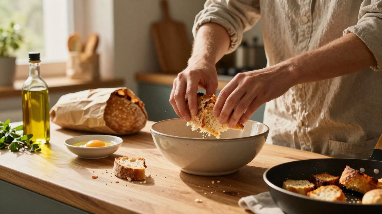 Mãos a desfazer pão em pedaços para colocar numa tigela numa cozinha com óleo, ovo e pão na bancada de madeira.