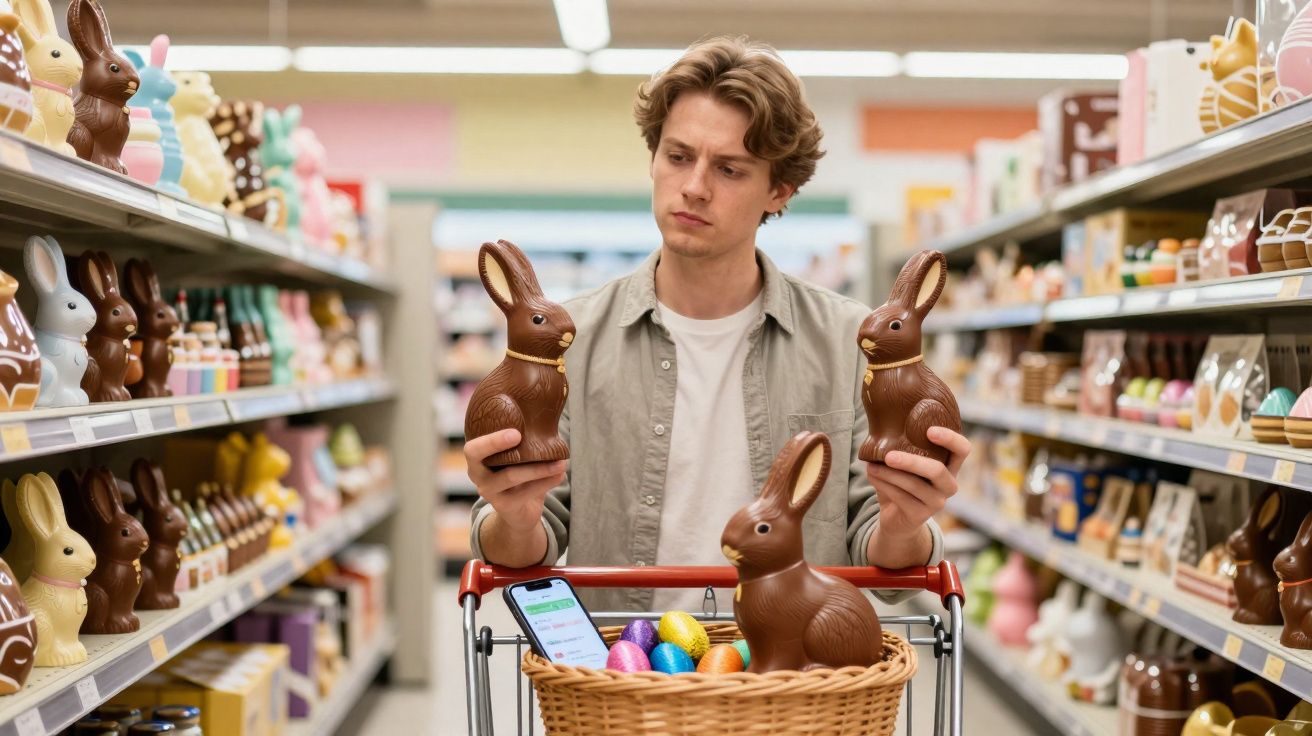 Homem a comparar coelhos de chocolate numa prateleira de supermercado com carrinho cheio de ovos coloridos.