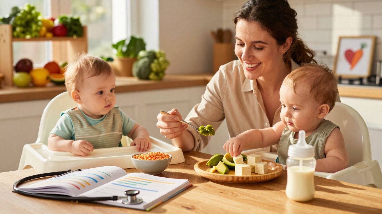 Mãe a alimentar dois bebés sentados em cadeiras altas numa cozinha luminosa com alimentos saudáveis à mesa.