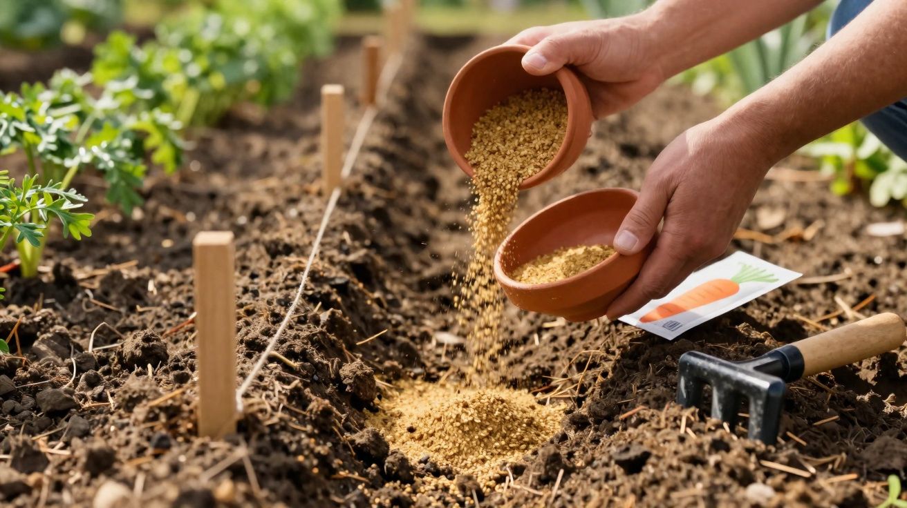 Mãos a semear sementes numa linha de terra preparada numa horta com ferramentas e plantas próximas.