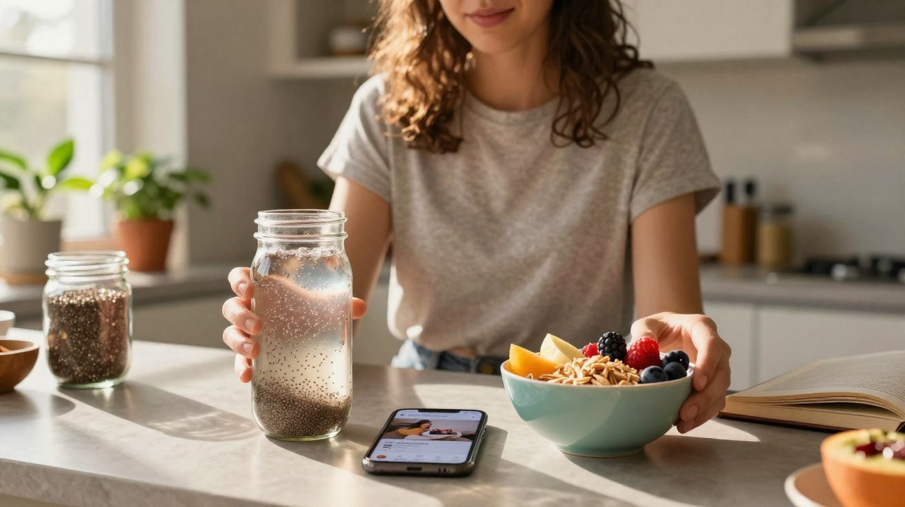 Mulher na cozinha segurando um frasco com bebida de chia à frente de um pequeno-almoço saudável.