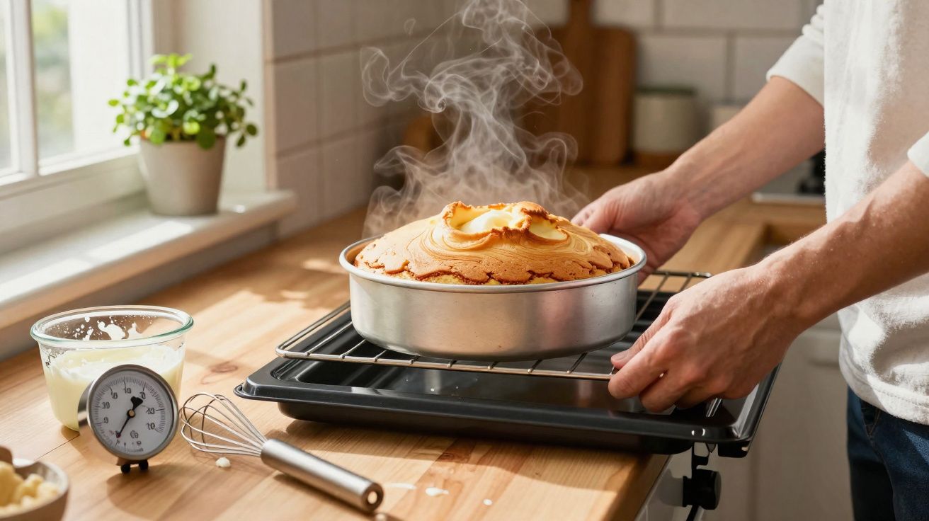 Pessoa a retirar bolo quente a fumegar do forno numa cozinha luminosa com utensílios de confeitaria.