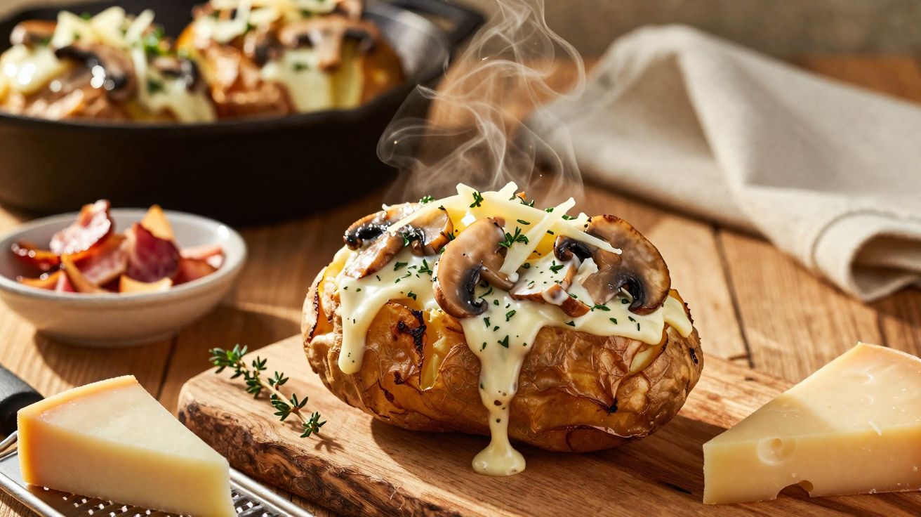 Batata assada com queijo derretido, cogumelos e ervas num tabuleiro de madeira, rodeada por queijo e tomate.