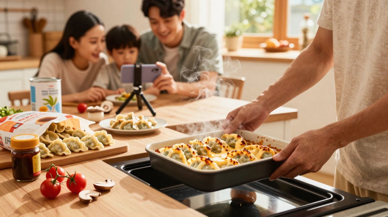 Pessoa a retirar travessa com pastelaria cozinhada do forno enquanto família observa e grava com telemóvel na cozinha.