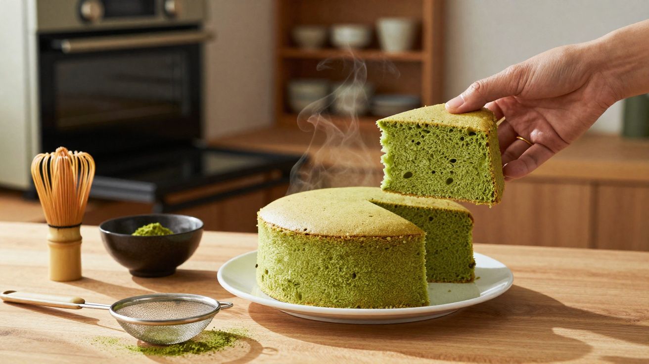 Bolo verde de chá matcha com vapor, fatia a ser levantada, e utensílios de preparação numa mesa de madeira.