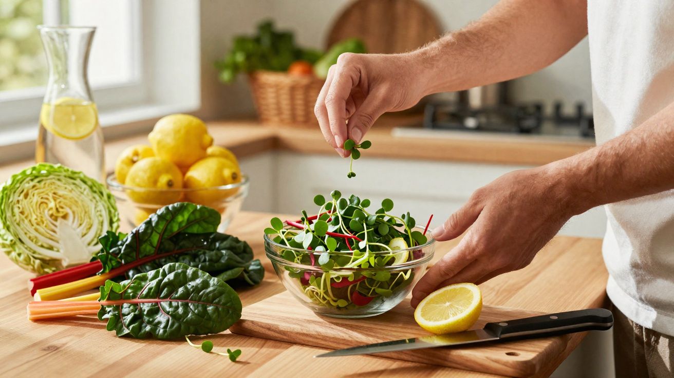Pessoa a temperar salada fresca com limão e folhas verdes numa cozinha iluminada.