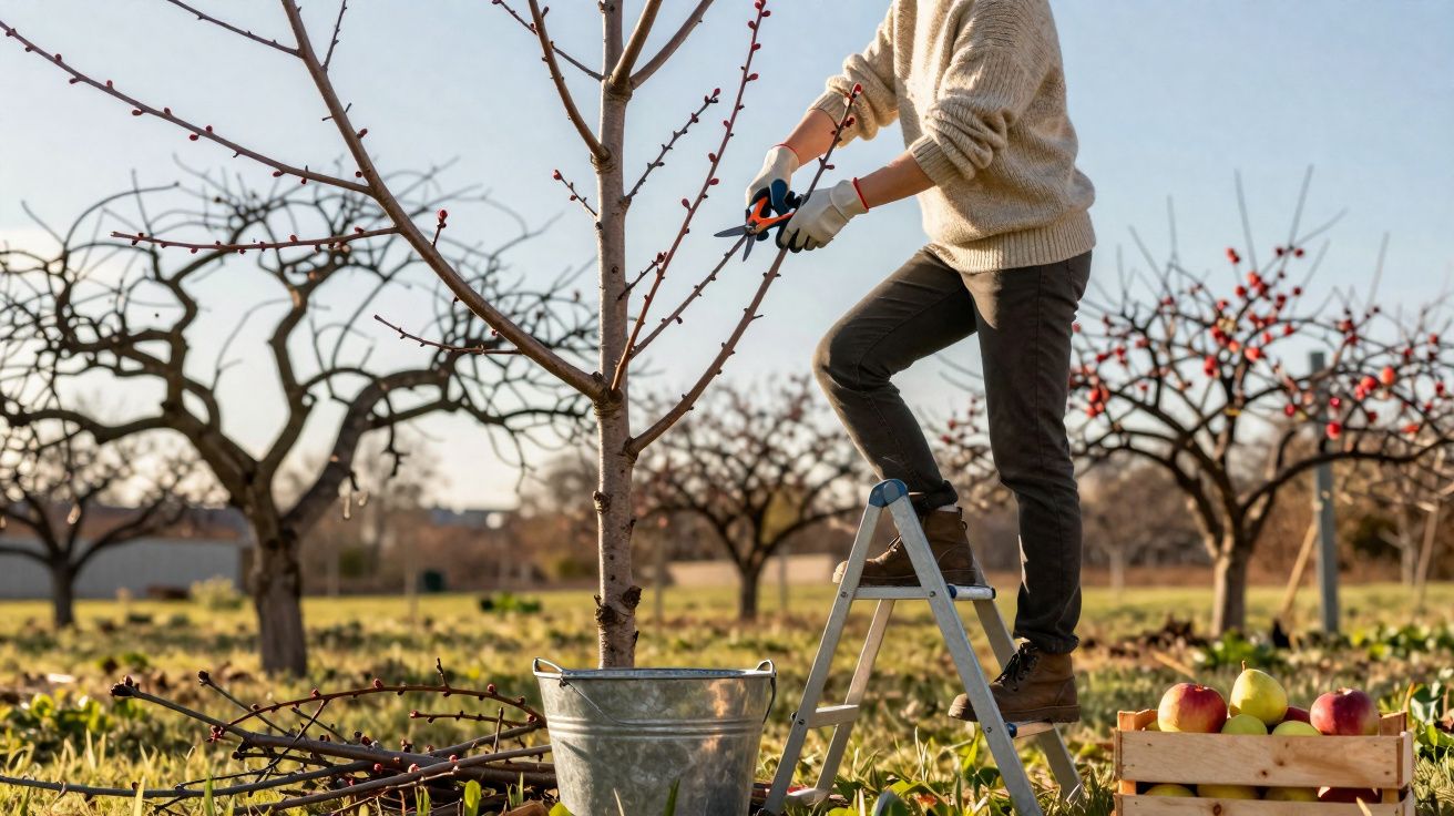 Pessoa podando árvore em pomar durante o dia com caixa de maçãs e balde ao lado.