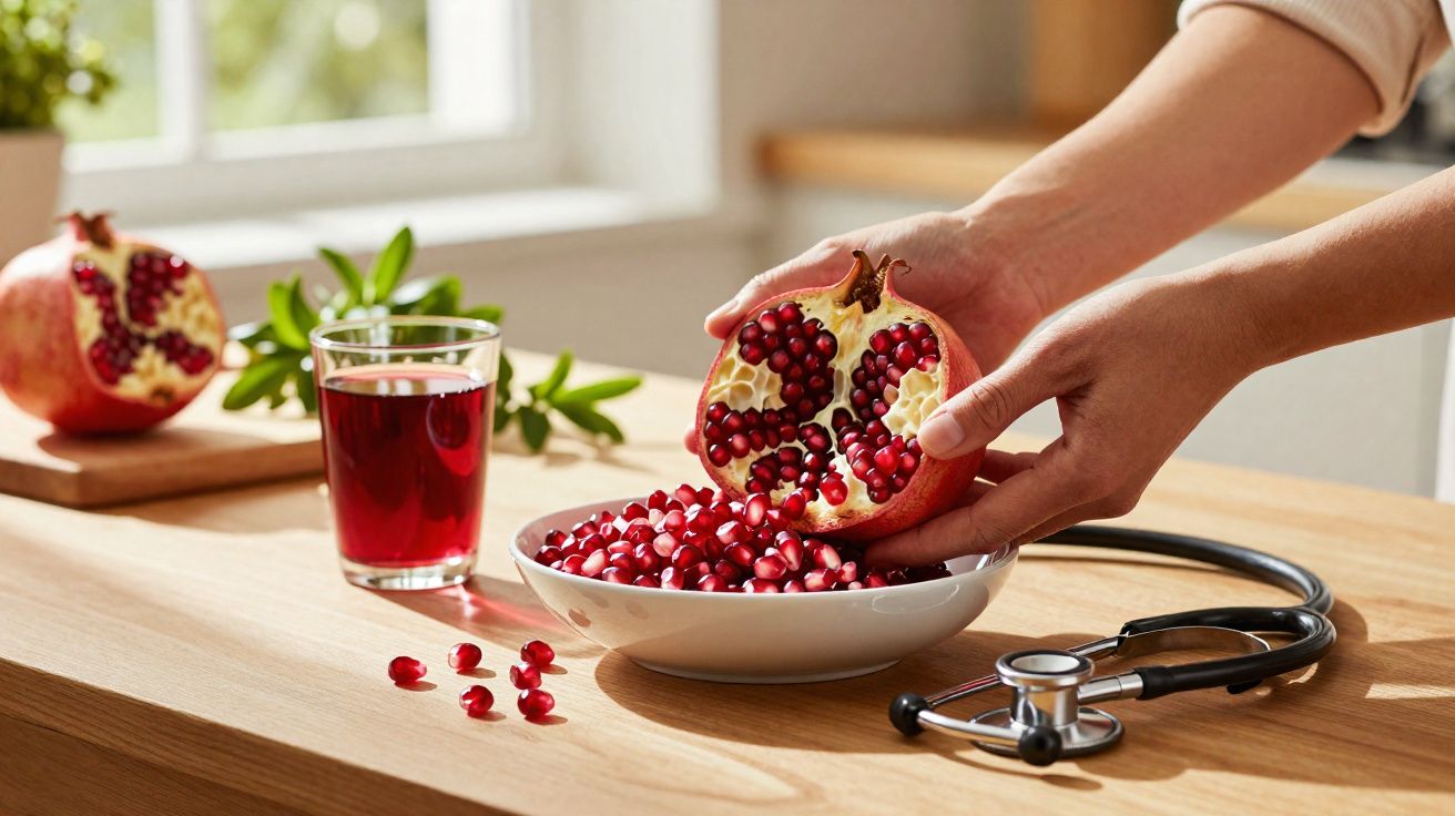 Mãos a retirar sementes de romã para uma tigela, com copo de sumo e estetoscópio na mesa.