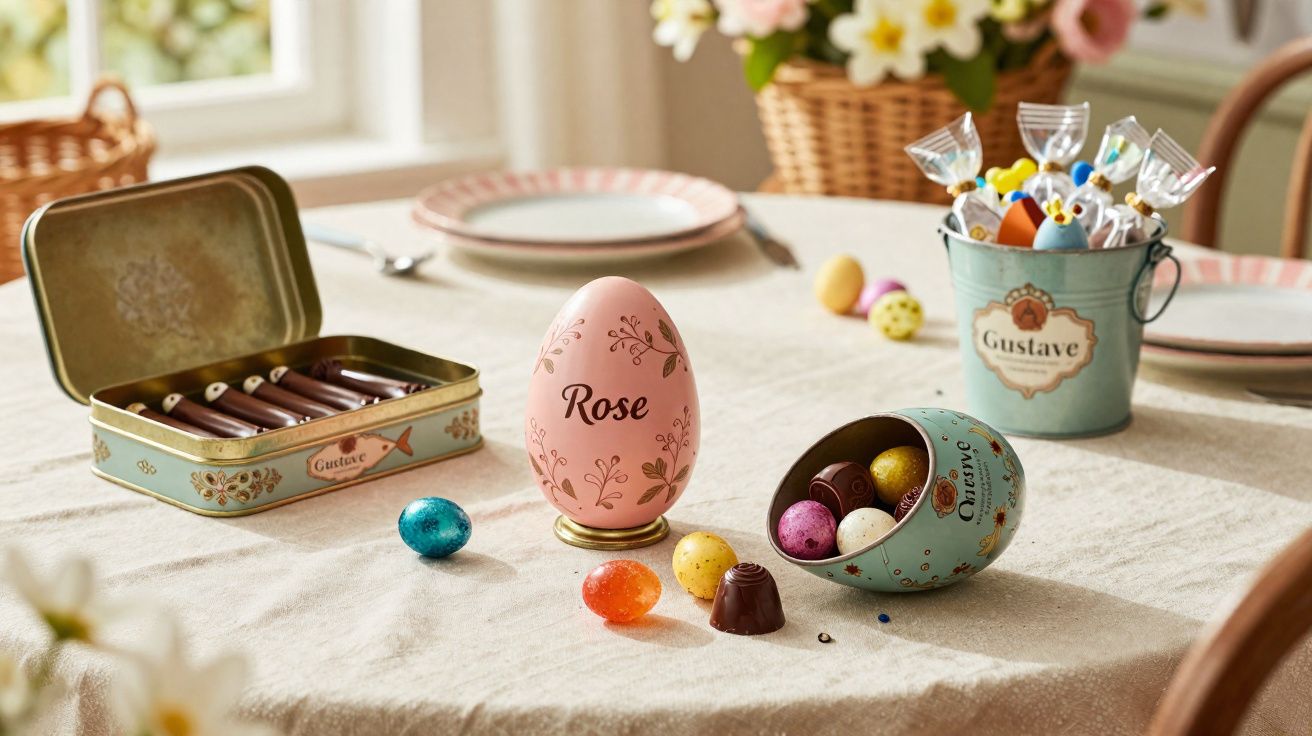 Mesa com decoração de Páscoa, ovos de chocolate, doces coloridos e cestas floridas ao fundo.