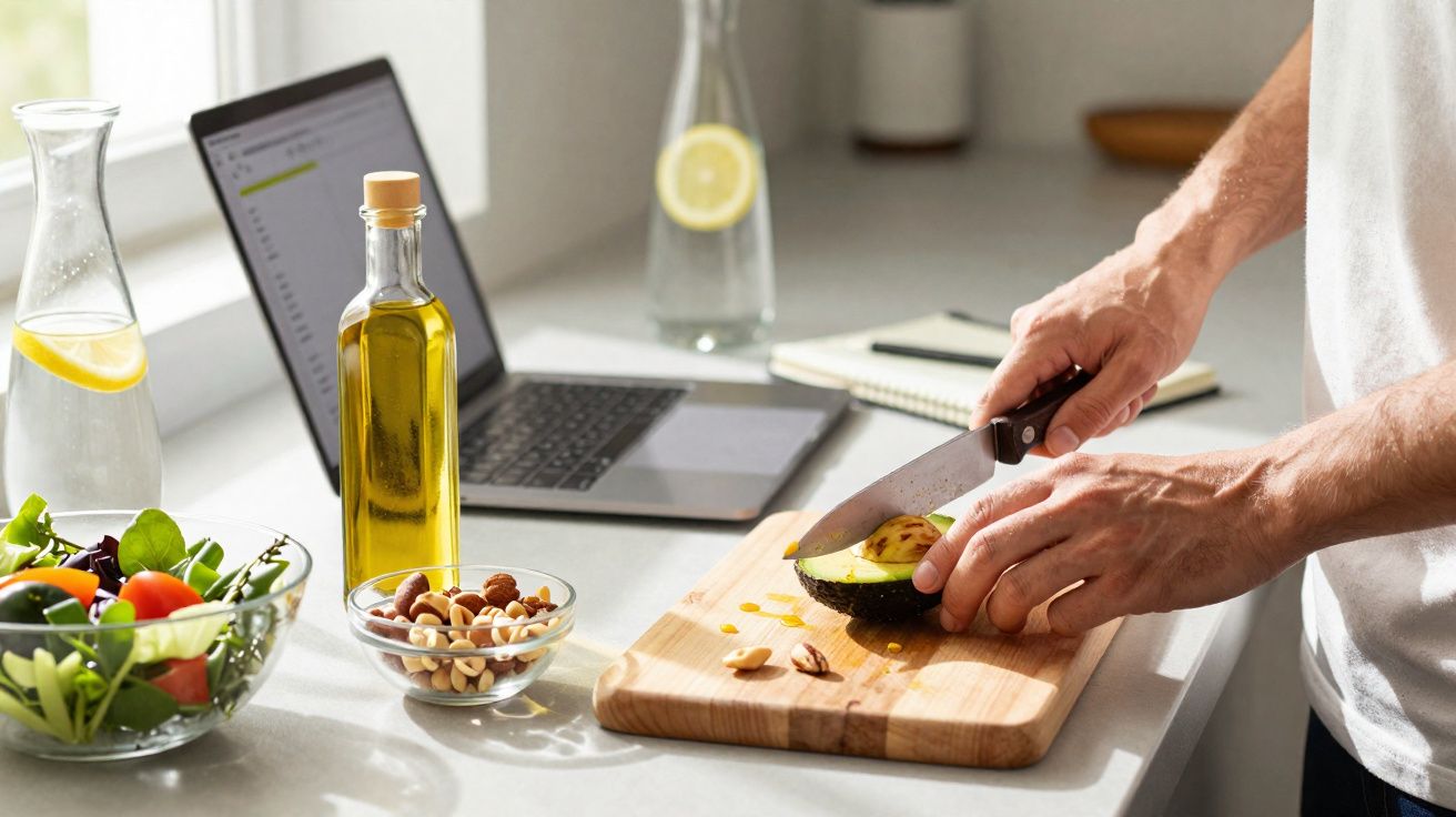 Pessoa a cortar abacate numa tábua, com laptop aberto e ingredientes saudáveis numa bancada de cozinha.