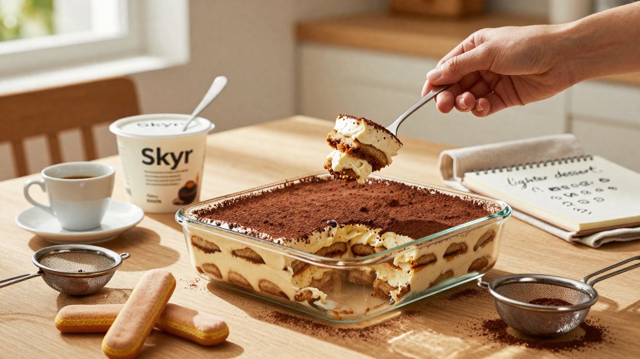 Tigela de vidro com tiramisù caseiro, colher a servir, biscoitos, café e iogurte Skyr numa mesa de cozinha.