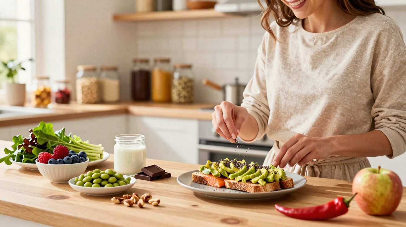 Mulher a preparar torrada com abacate e sementes numa cozinha moderna e luminosa.