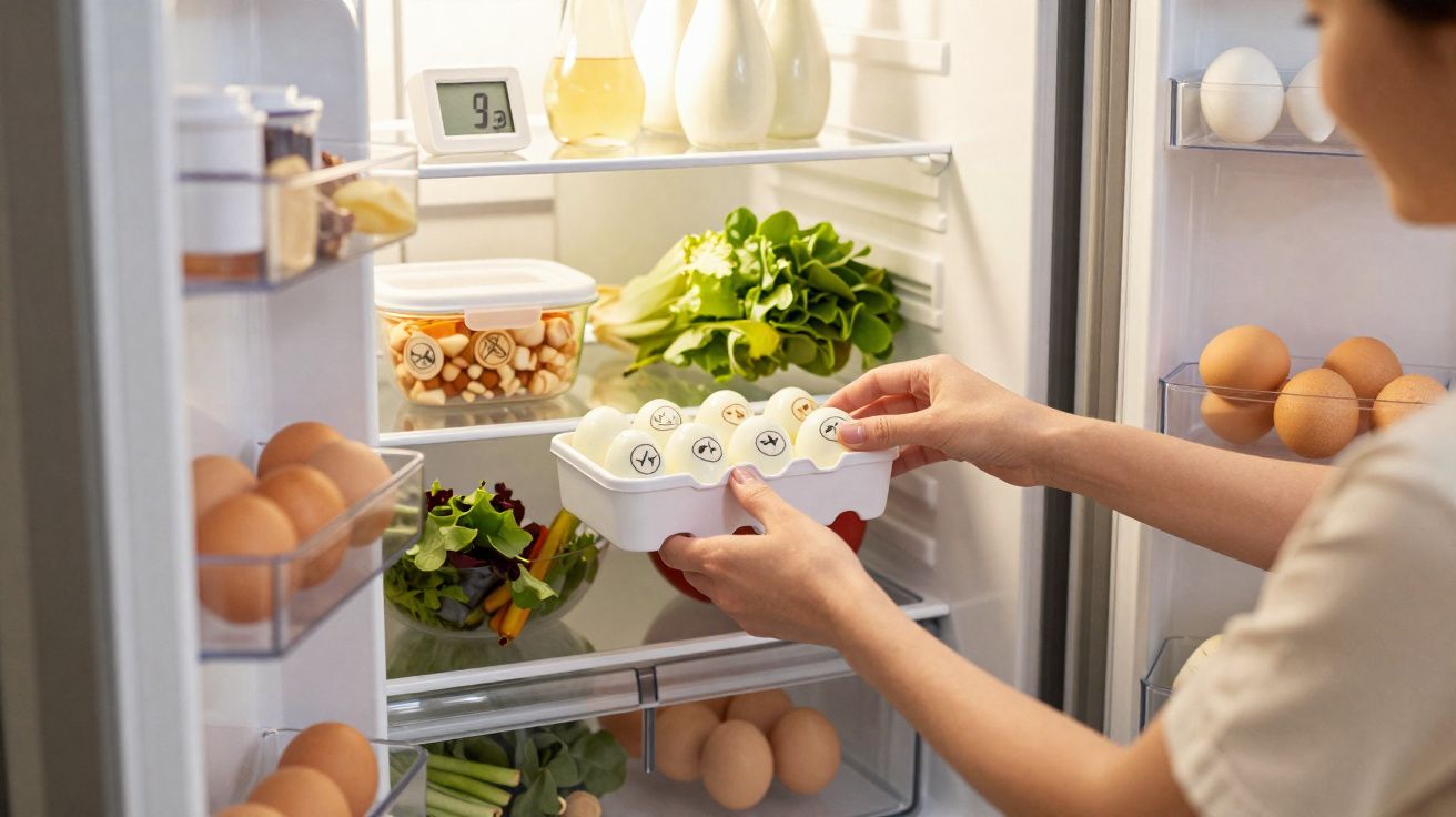 Pessoa a guardar ovos numerados no frigorífico com vegetais frescos e recipientes visíveis nas prateleiras.