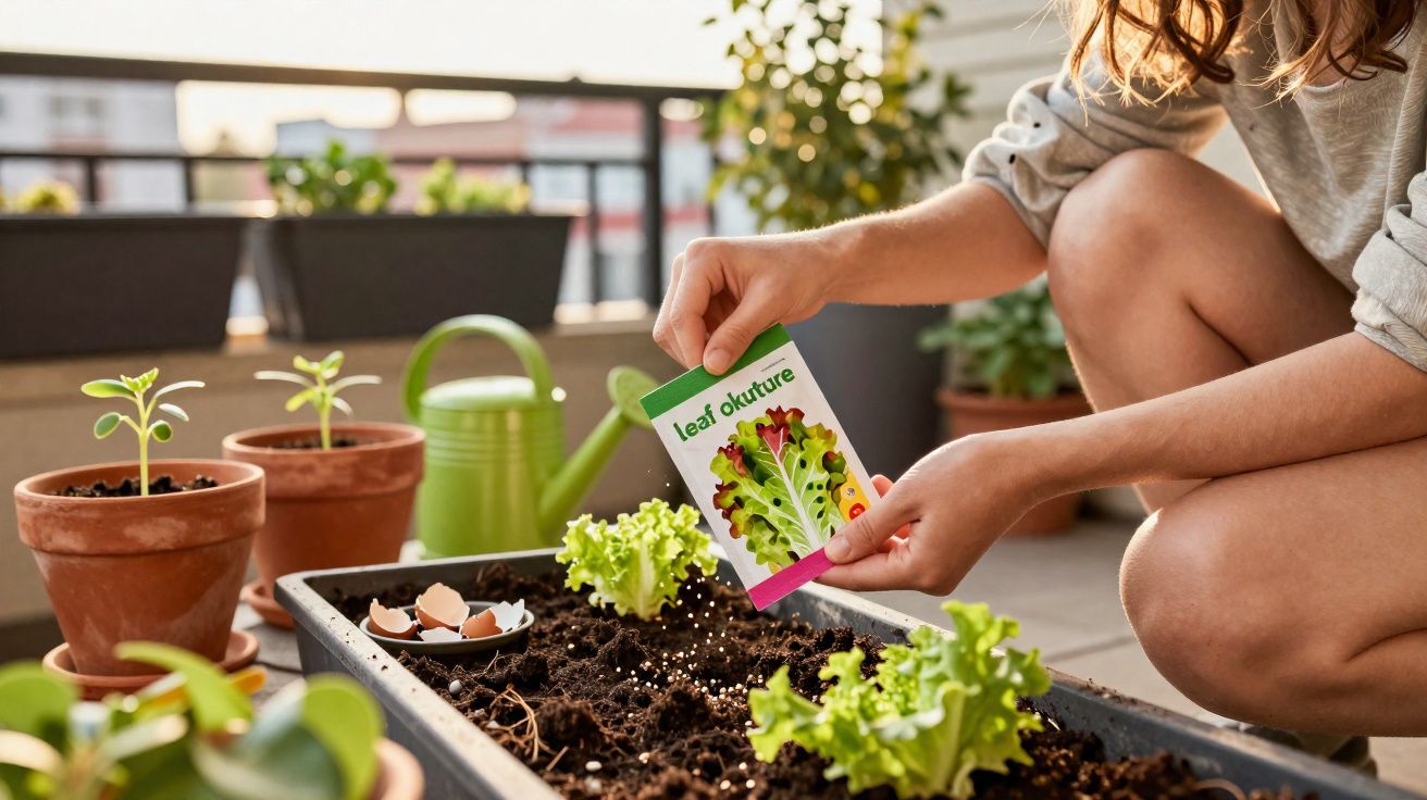 Pessoa a semear sementes de alface num vaso retangular num espaço exterior com várias plantas em vasos.