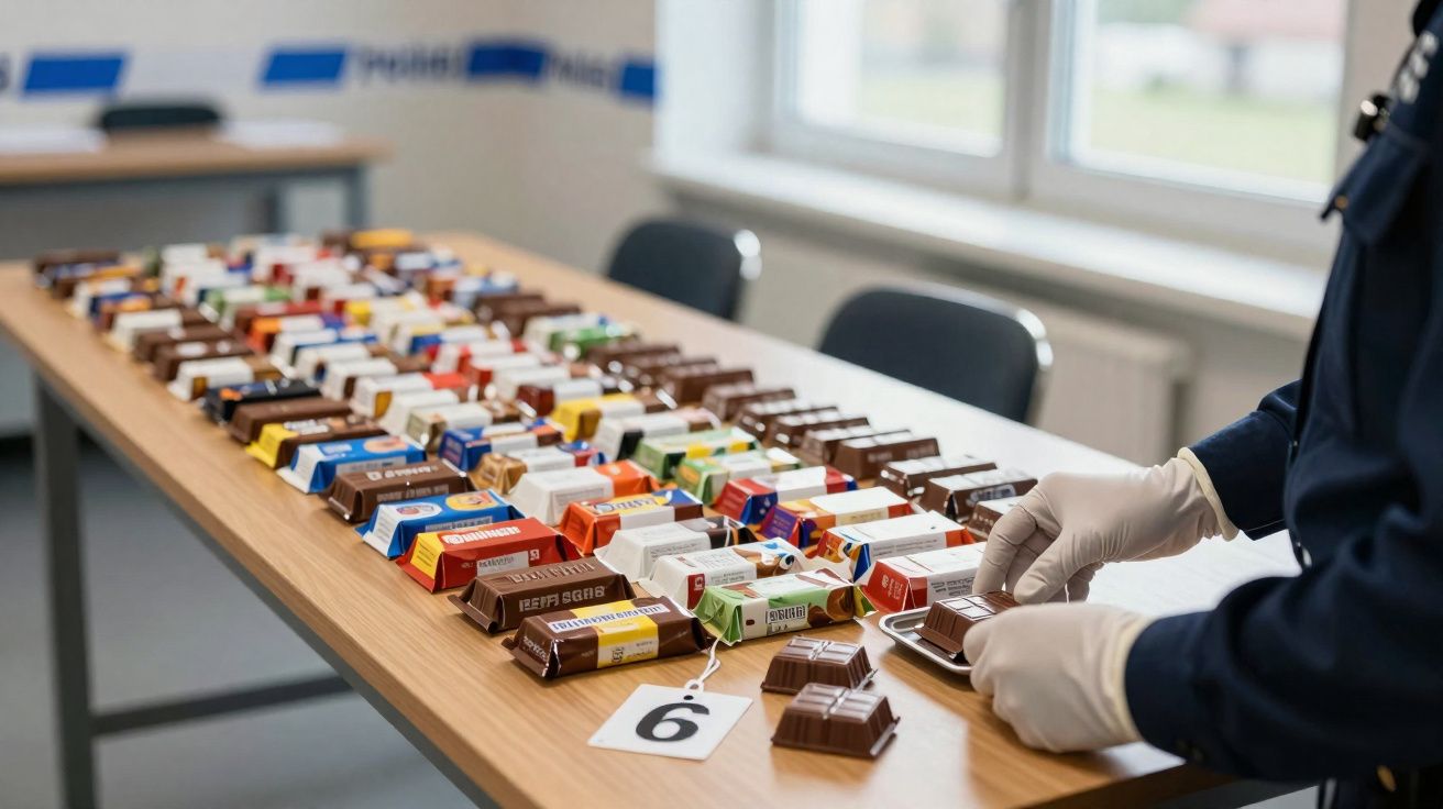 Mesa com várias barras de chocolate abertas e um polícia a analisar uma delas com luvas brancas.