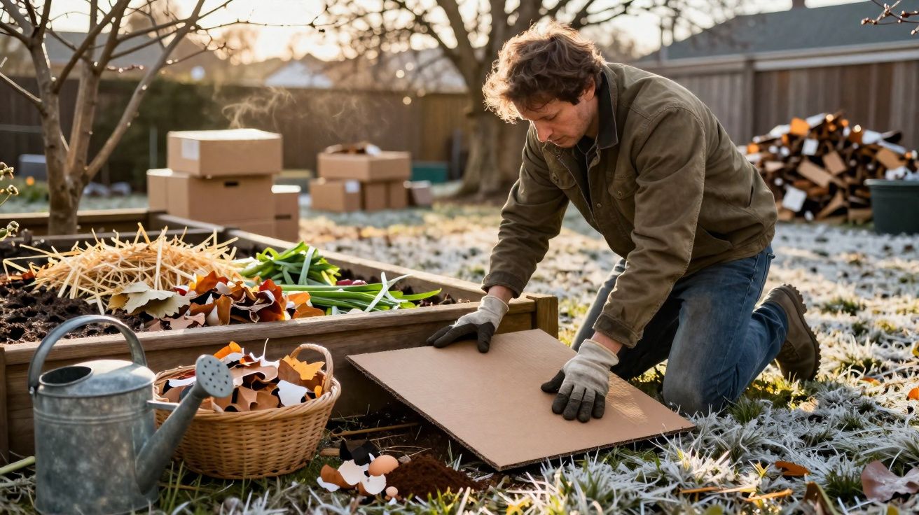 Homem a preparar canteiro de cultivo coberto com papelão em jardim ao amanhecer.