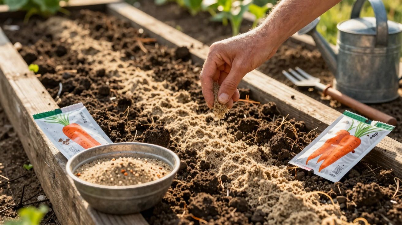 Mão a semear sementes de cenoura numa pequena horta com pacotes de sementes e regador ao fundo.