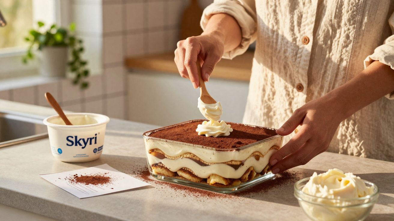 Pessoa a decorar tiramisù com chantilly numa cozinha iluminada, com iogurte Skyr no balcão.