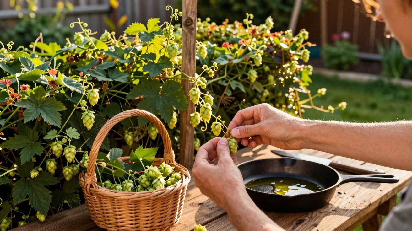 Pessoa a colher flores de lúpulo junto a cesta e frigideira com azeite numa bancada de madeira ao ar livre.