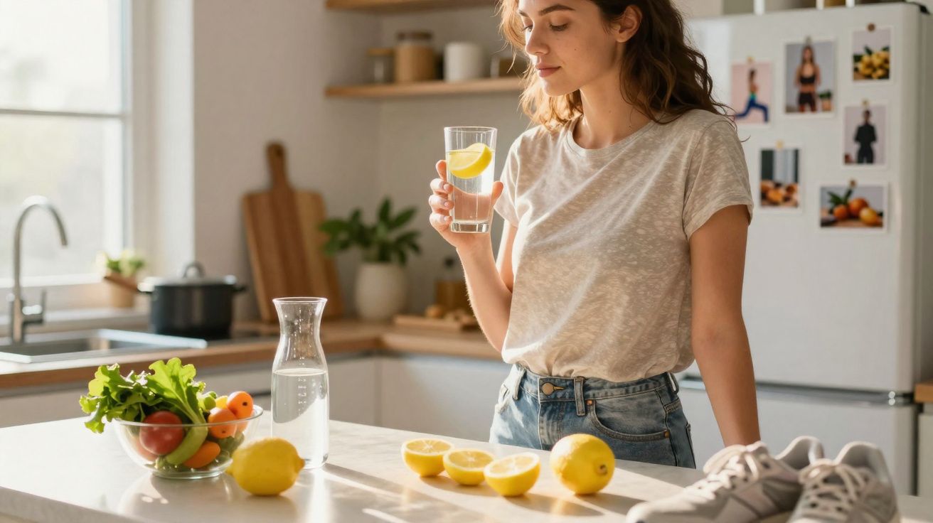 Mulher na cozinha a segurar copo de água com limão, com limões cortados, salada e garrafa na bancada.