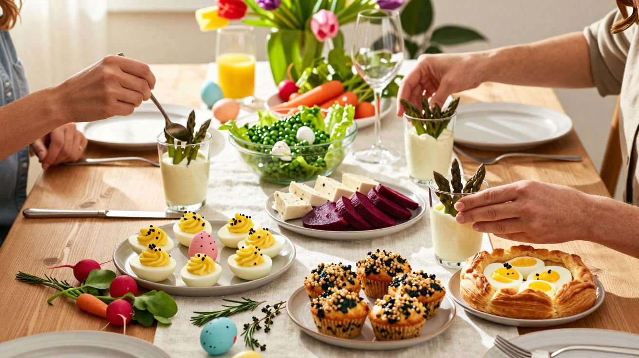 Mesa com variedade de pratos coloridos e saudáveis, decorada com flores e ovos de Páscoa.