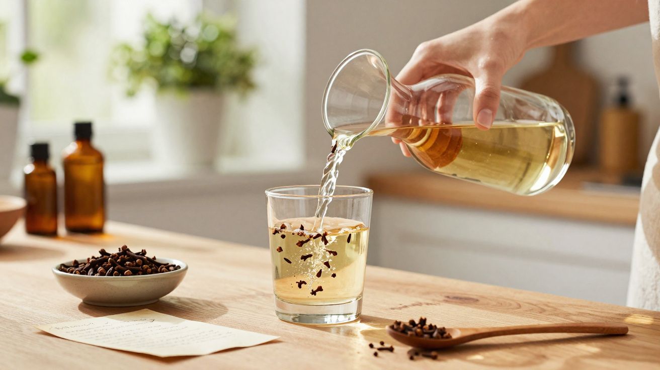 Pessoa a verter bebida clara com cravinhos num copo numa mesa de madeira numa cozinha iluminada.