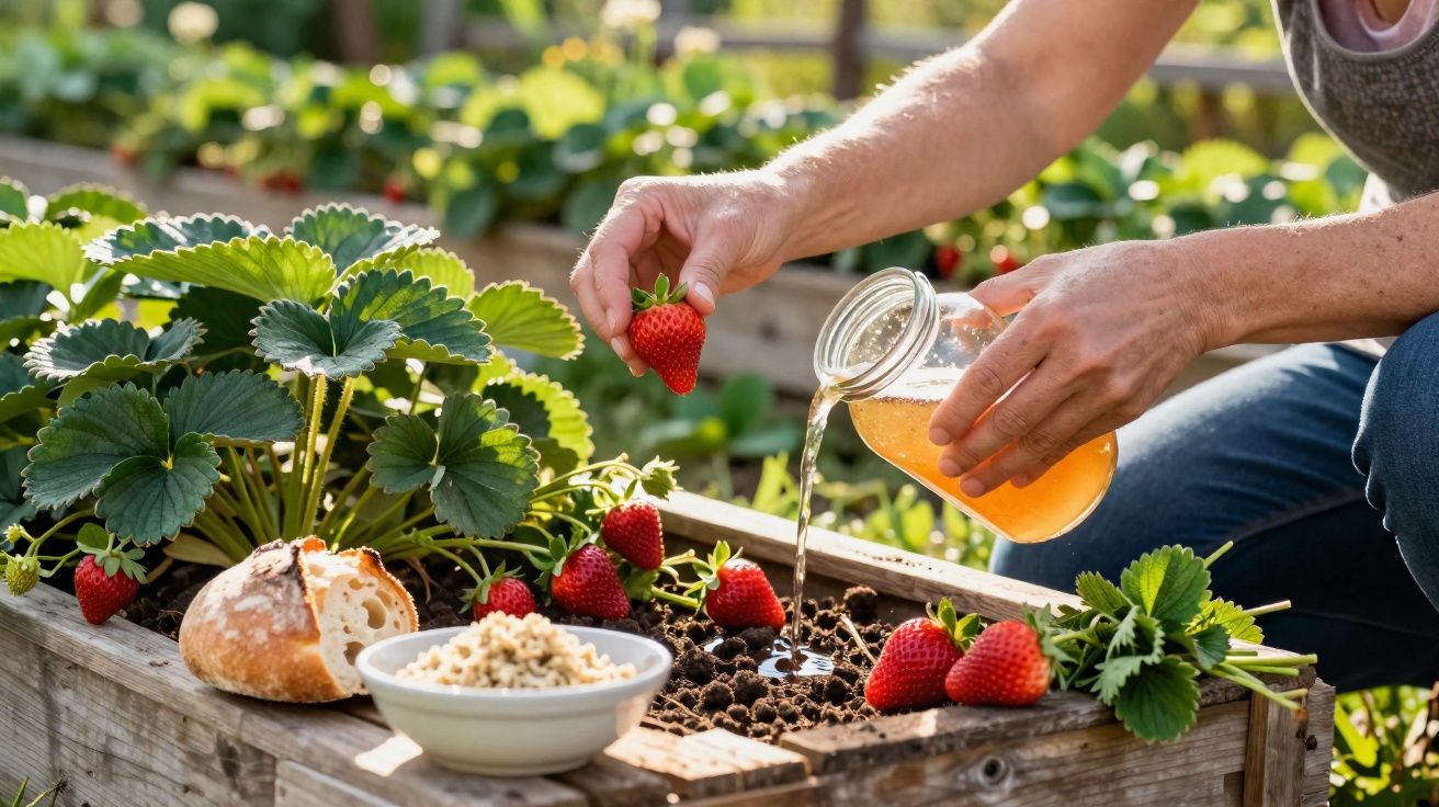 Pessoa a regar planta de morangos numa horta urbana com pão e cereais ao lado.