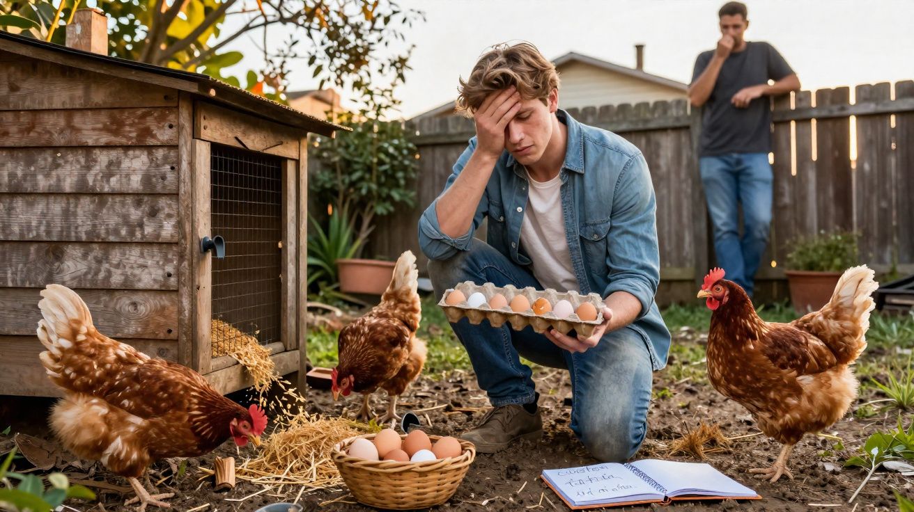 Homem ajoelhado com caixa de ovos olha preocupado para ovos partidos próximos a galinhas e outra pessoa ao fundo.