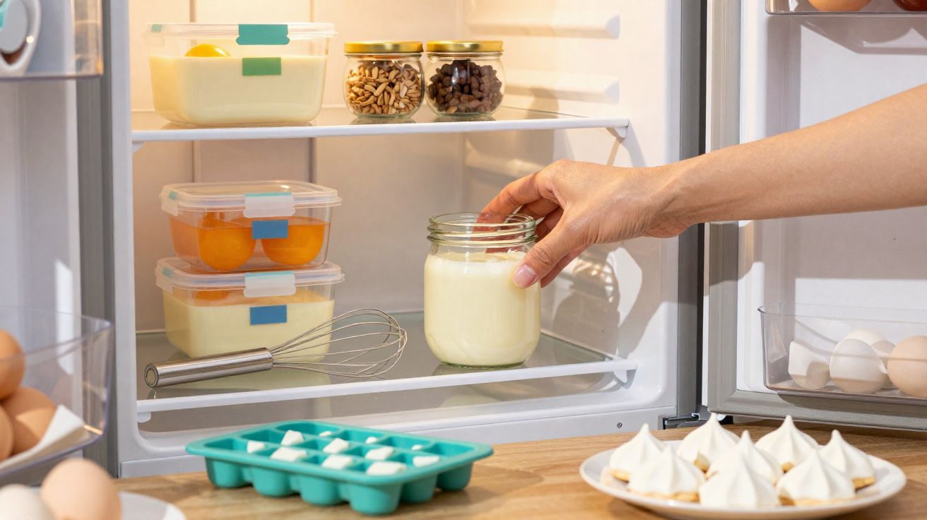 Mão a fechar frasco com iogurte dentro de frigorífico organizado com ovos, recipientes e caixas de gelo.