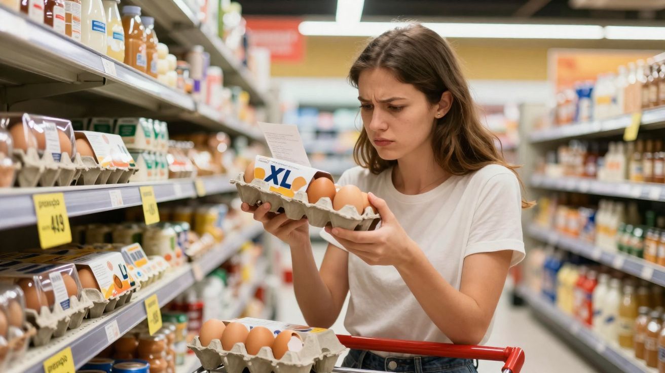 Mulher jovem a examinar uma embalagem de ovos XL num supermercado, com expressão preocupada.