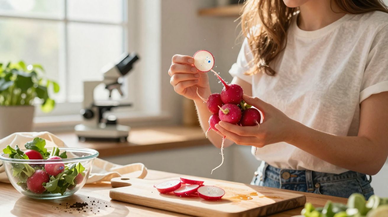 Pessoa a lavar rabanetes vermelhos na cozinha com luz natural, ao lado de tábua e salada fresca.