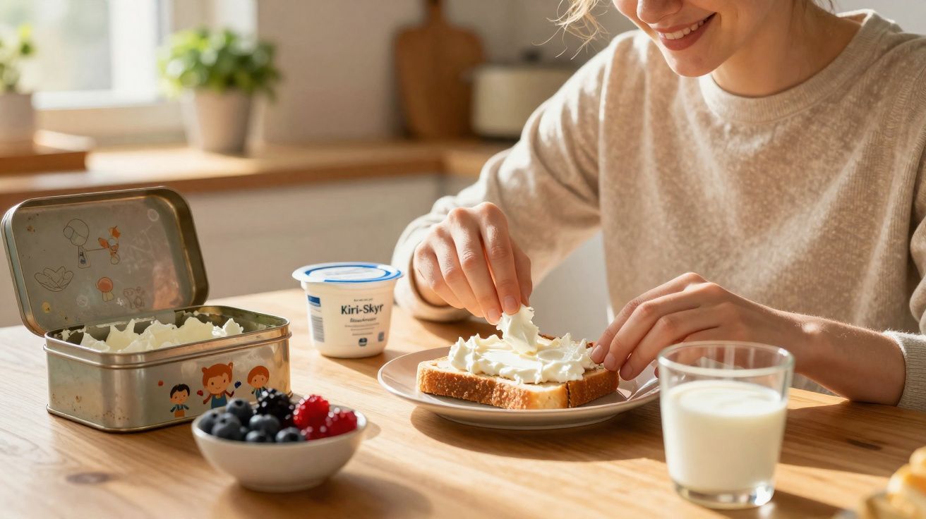 Mulher sorridente a barrar queijo creme numa fatia de pão, com leite e frutos vermelhos na mesa.