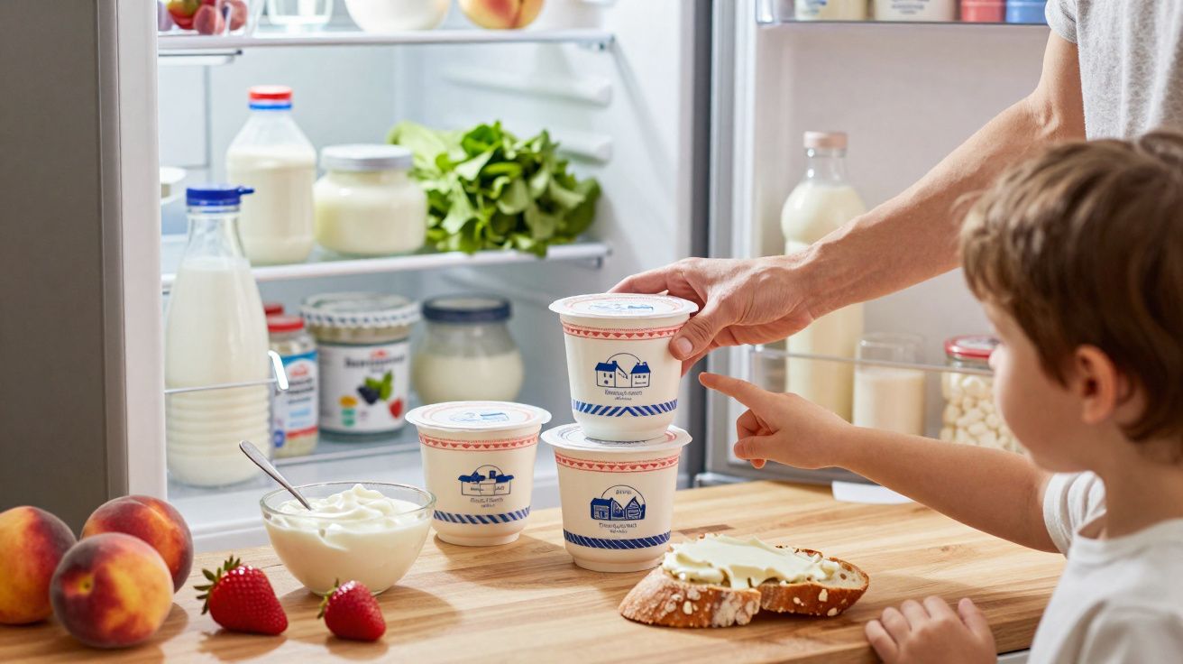 Criança e adulto a escolher iogurte numa cozinha com frutas, pão e frigorífico aberto ao fundo.