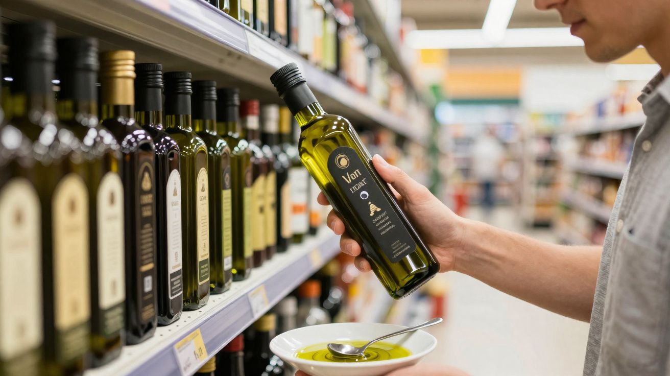 Pessoa a segurar garrafa de azeite em supermercado, com prato e colher para prova de azeite.