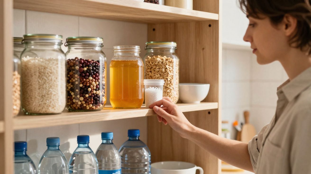 Pessoa a organizar frascos de mantimentos numa cozinha, incluindo leguminosas, mel e água engarrafada.