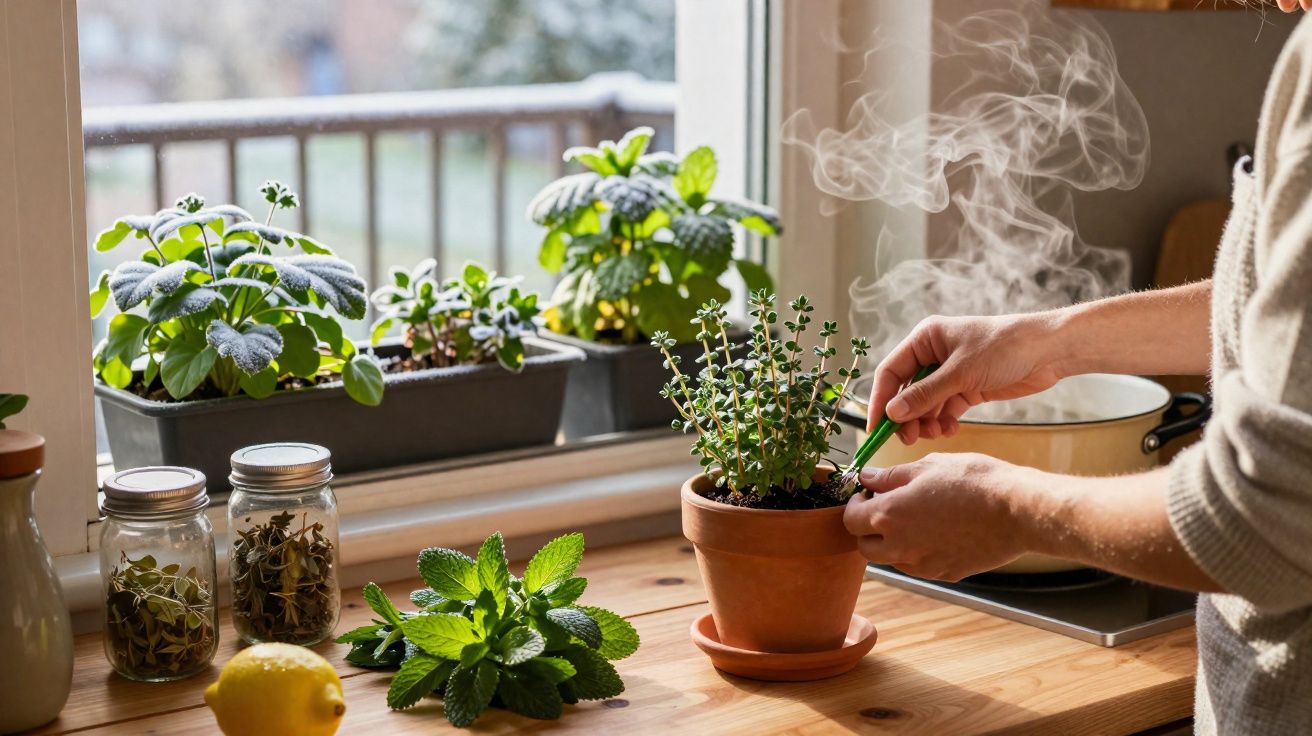 Pessoa a cuidar de planta em vaso na cozinha, com ervas frescas e utensílios na bancada de madeira.