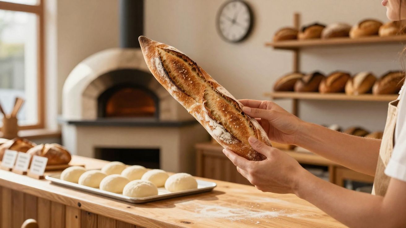 Pessoa a segurar baguete acabada de cozer numa padaria com forno e vários pães no fundo.