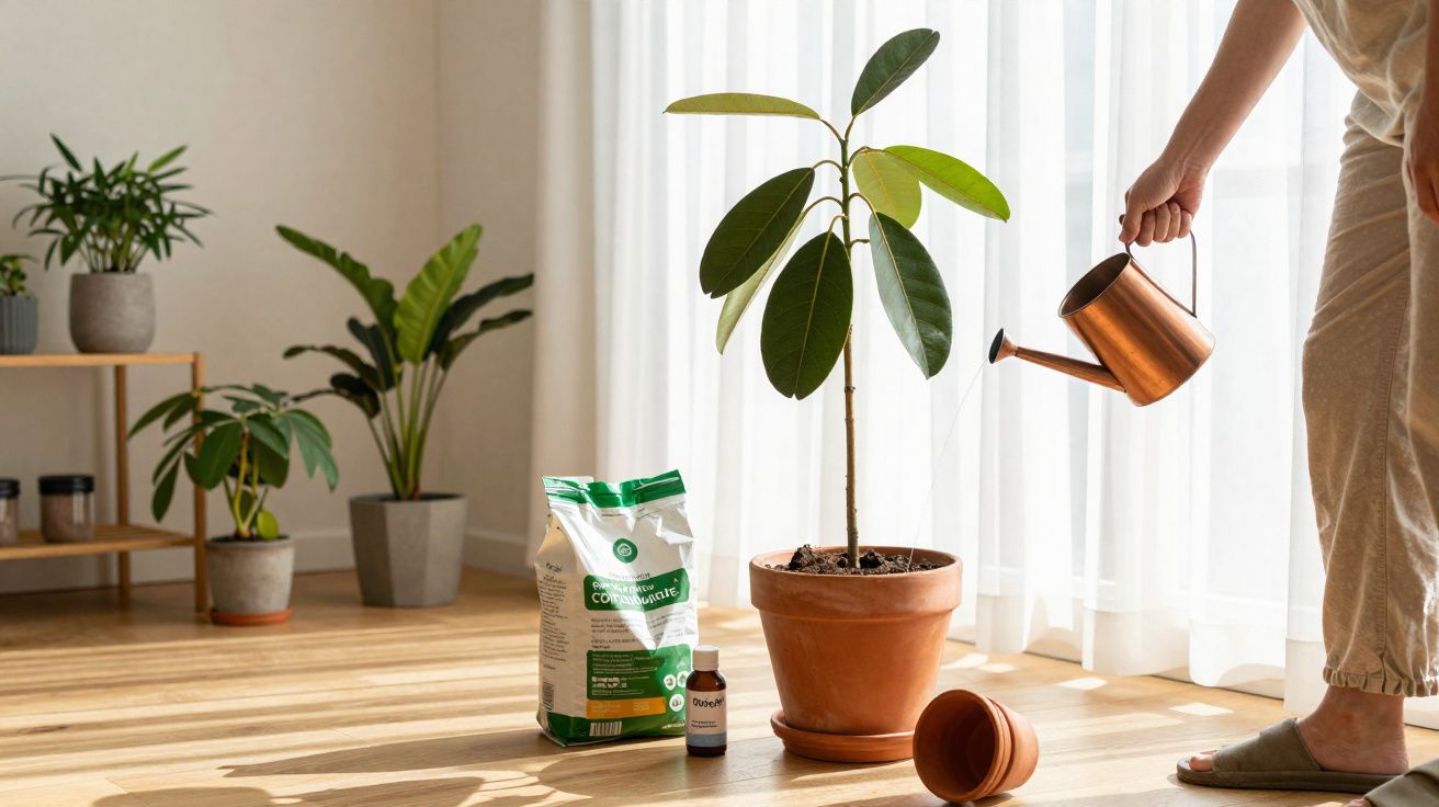 Pessoa a regar planta em vaso de barro com regador de metal, junto a adubo e fertilizante no chão.