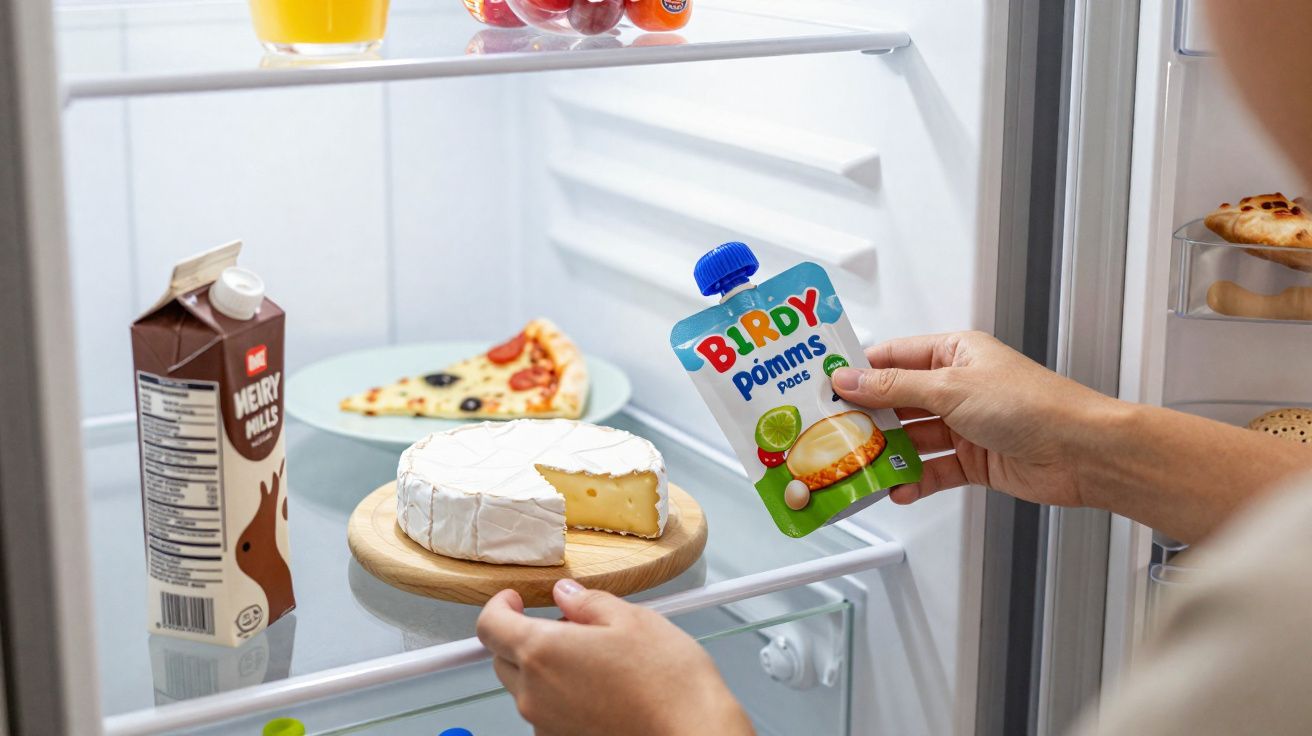 Mão a guardar embalagem de papas líquidas numa prateleira do frigorífico com queijo, pizza, leite e bebida.