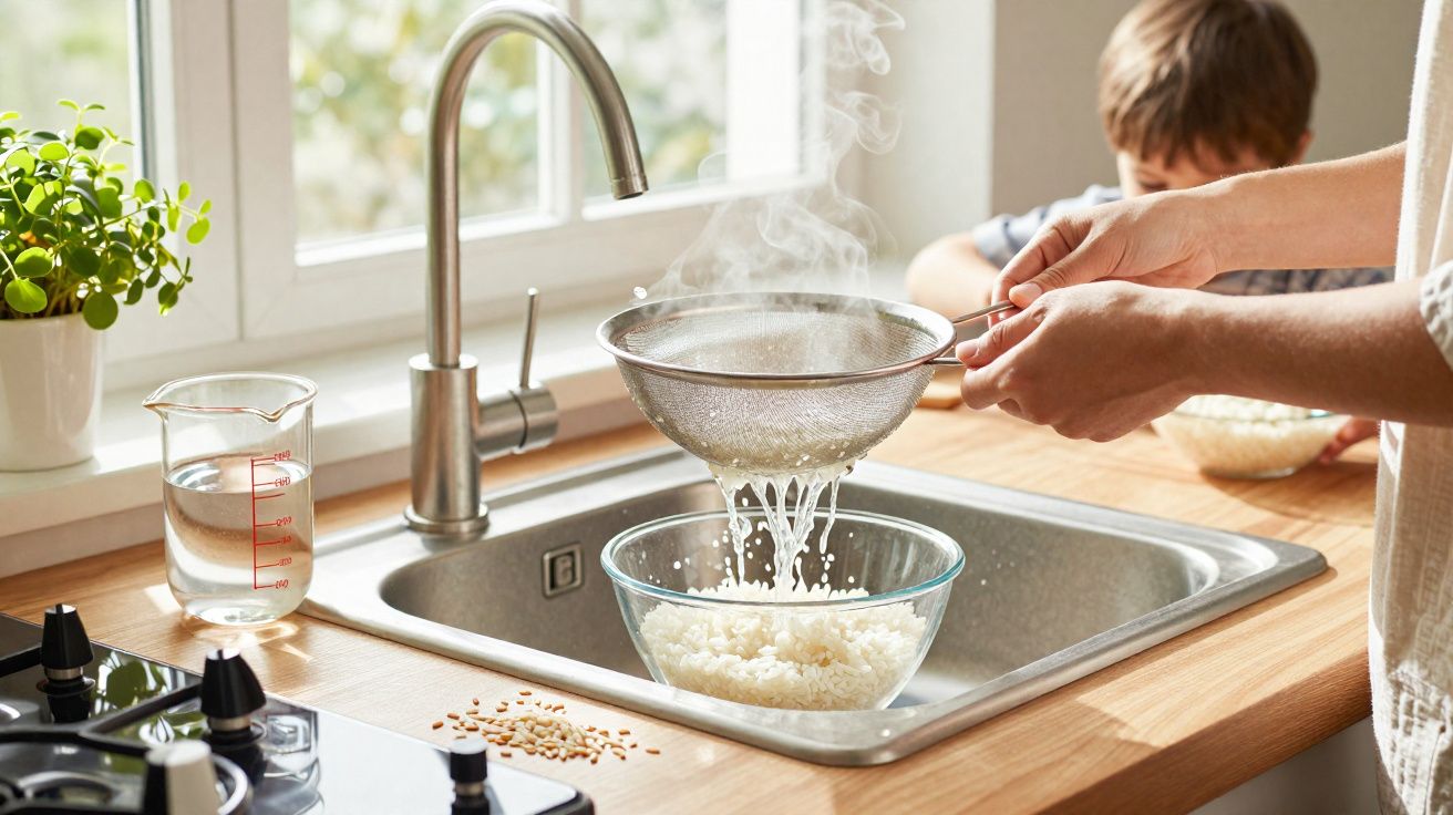 Pessoa a coar arroz com peneira num lava-loiças, com criança ao fundo numa cozinha iluminada.