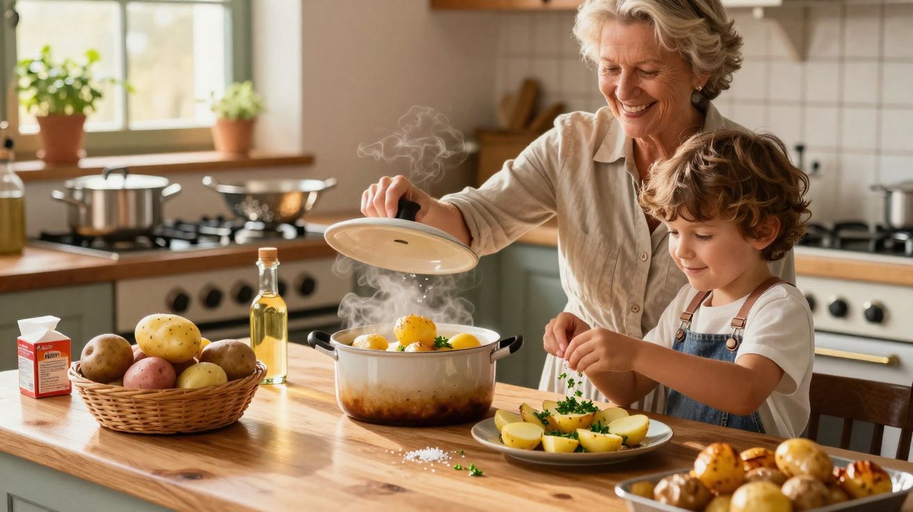 Avó e neto cozinham juntos batatas frescas numa cozinha iluminada e acolhedora.