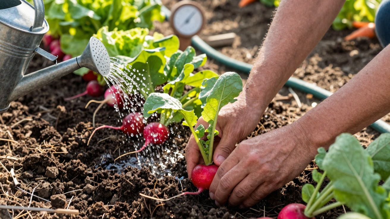 Pessoa a regar e colher rabanetes num jardim com terra fresca e vegetação ao redor.