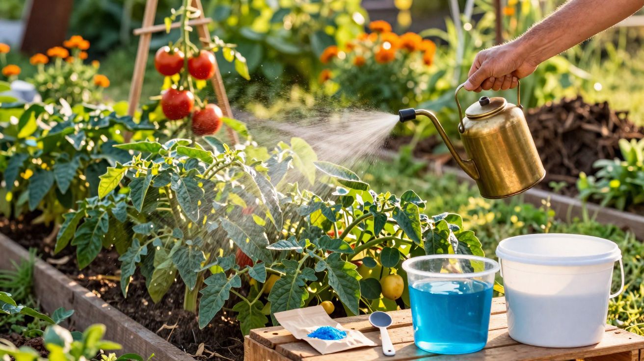 Pessoa a pulverizar plantas de tomate num jardim com regador metálico dourado ao lado de recipientes e fertilizantes.