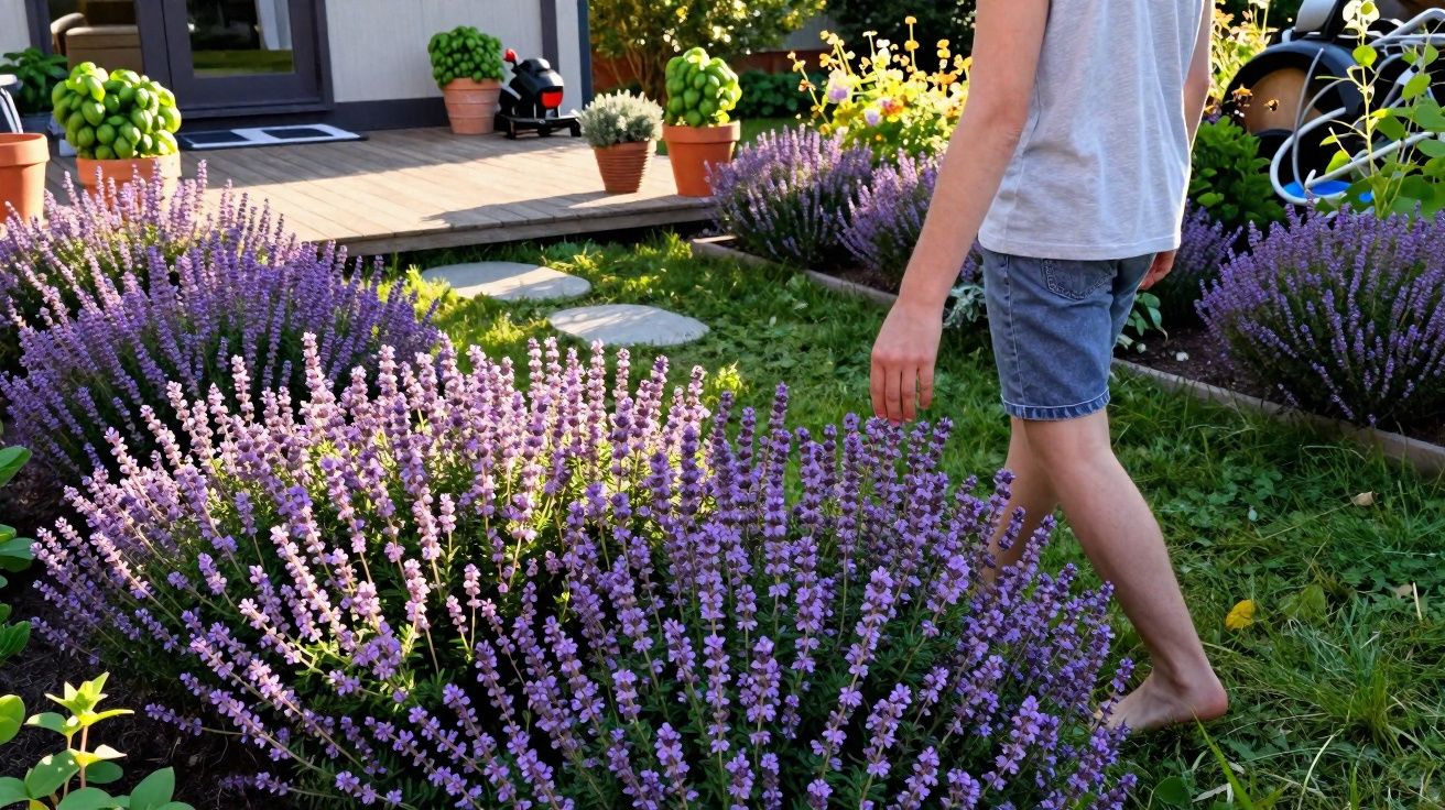 Pessoa descalça a caminhar num jardim com arbustos floridos cor de lilás junto a uma casa e varanda.