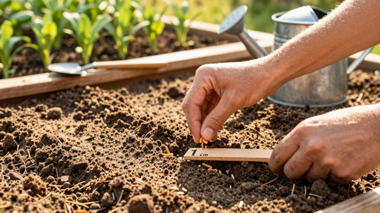 Mãos a plantar sementes na terra junto a régua que indica 1 cm num canteiro de madeira com regador ao fundo.