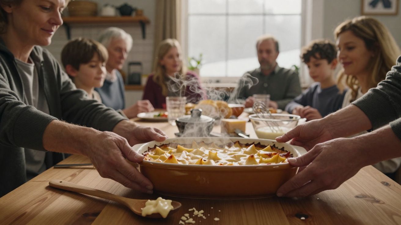 Família reunida em redor da mesa a partilhar um prato quente e fumegante de imitação de lasanha.