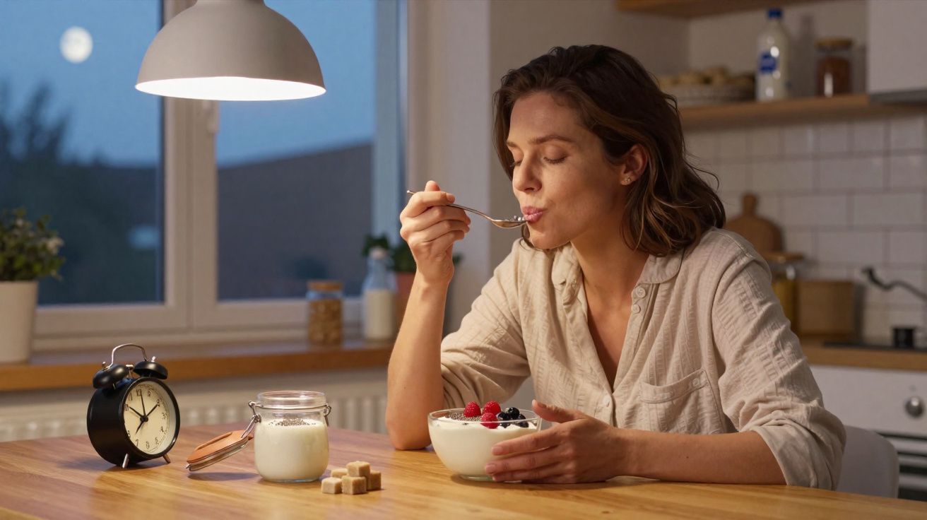 Mulher a comer iogurte com frutos vermelhos numa cozinha ao amanhecer, relógio indica 6:00.