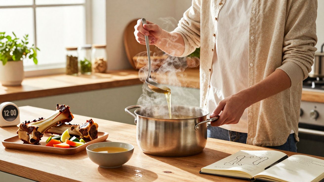 Pessoa a preparar caldo com ossos na cozinha, com livro aberto e legumes na bancada.